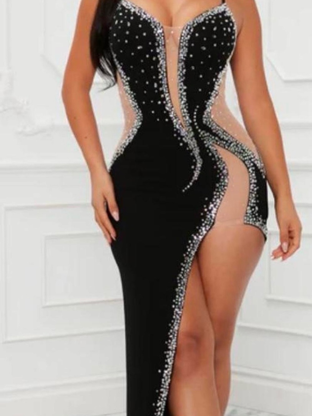 Black Embellished Mesh-Detail Evening Dress